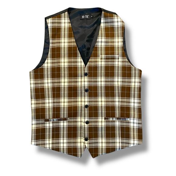 Hi Tie Men's Brown Plaid Suit Vest Sz S Woven Silk Preppy Academia Waistcoat - Picture 1 of 10